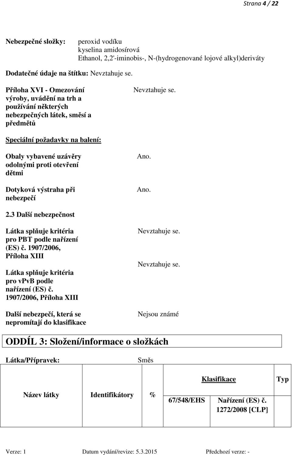 Speciální požadavky na balení: Obaly vybavené uzávěry odolnými proti otevření dětmi Dotyková výstraha při nebezpečí Ano. Ano. 2.