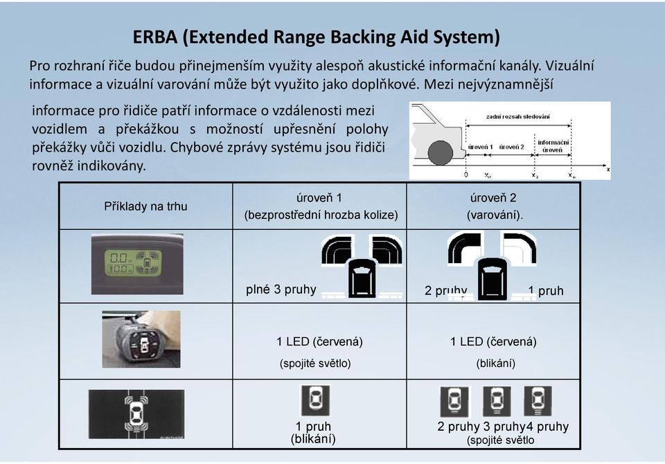 Mezi nejvýznamnější informace pro řidiče patří informace o vzdálenosti mezi vozidlem a překážkou s možností upřesnění polohy překážky vůči vozidlu.