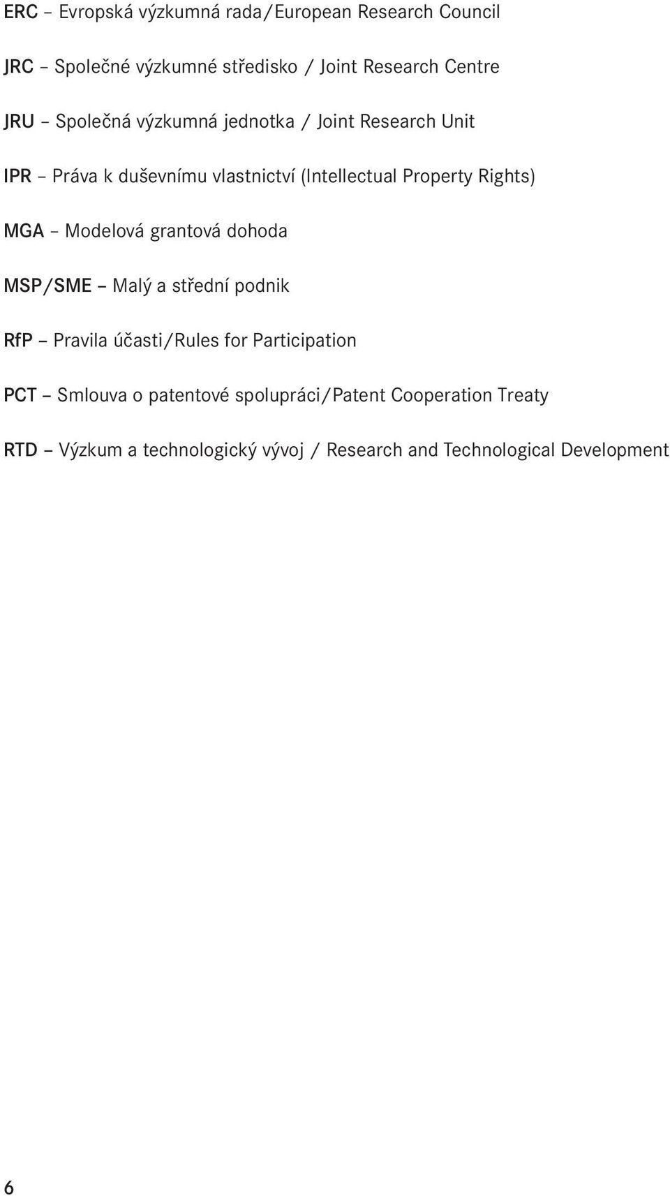 MGA Modelová grantová dohoda MSP/SME Malý a střední podnik RfP Pravila účasti/rules for Participation PCT Smlouva o