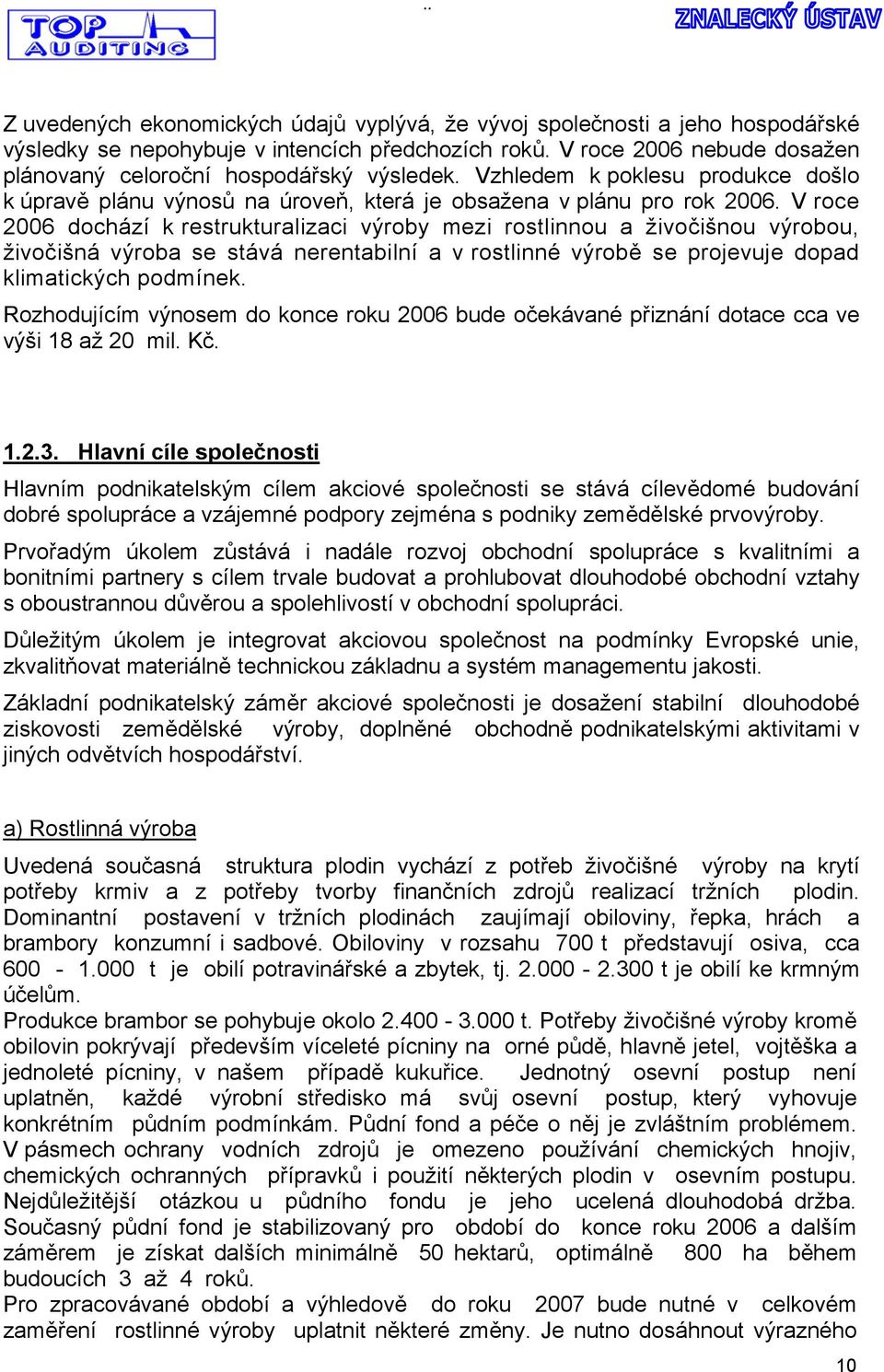 V roce 2006 dochází k restrukturalizaci výroby mezi rostlinnou a živočišnou výrobou, živočišná výroba se stává nerentabilní a v rostlinné výrobě se projevuje dopad klimatických podmínek.