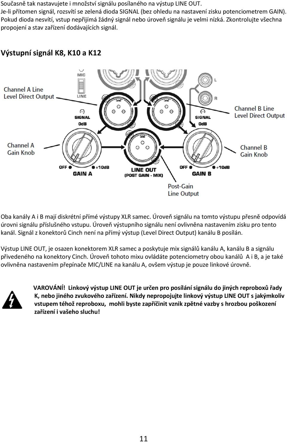 Výstupní signál K8, K10 a K12 Oba kanály A i B mají diskrétní přímé výstupy XLR samec. Úroveň signálu na tomto výstupu přesně odpovídá úrovni signálu příslušného vstupu.