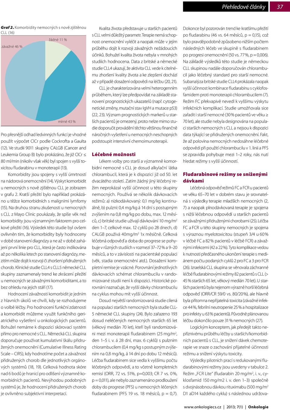 Komorbidity jsou spojeny s vyšší úmrtností na nádorová onemocnění (14). Výskyt komorbidit u nemocných s nově zjištěnou CLL je zobrazen v grafu 2.