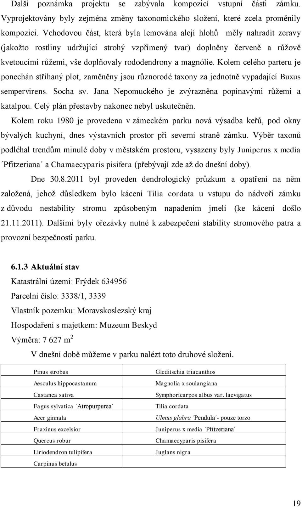 magnólie. Kolem celého parteru je ponechán stříhaný plot, zaměněny jsou různorodé taxony za jednotně vypadající Buxus sempervirens. Socha sv.