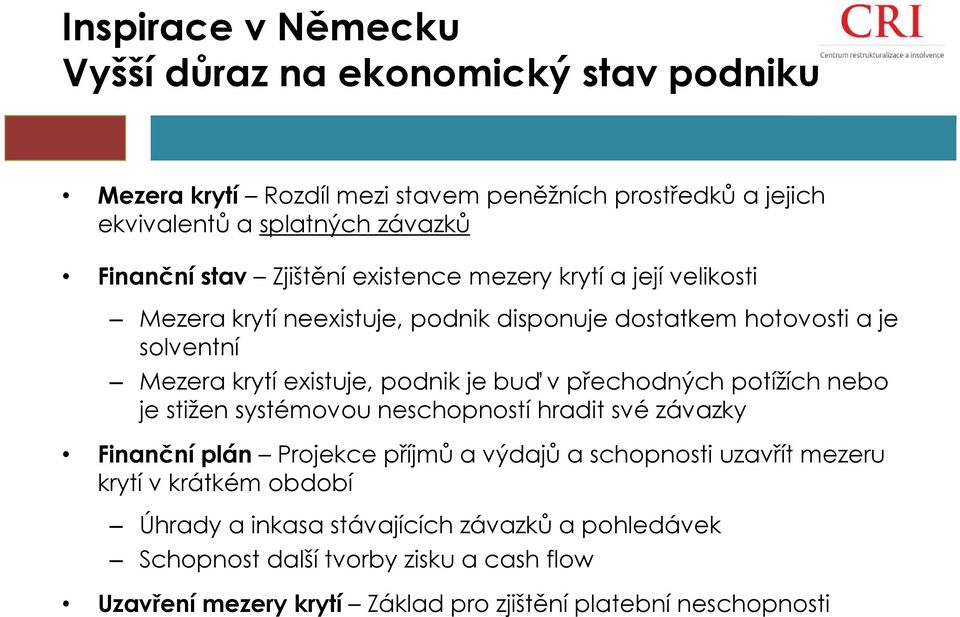 buď v přechodných potížích nebo je stižen systémovou neschopností hradit své závazky Finanční plán Projekce příjmů a výdajů a schopnosti uzavřít mezeru krytí v