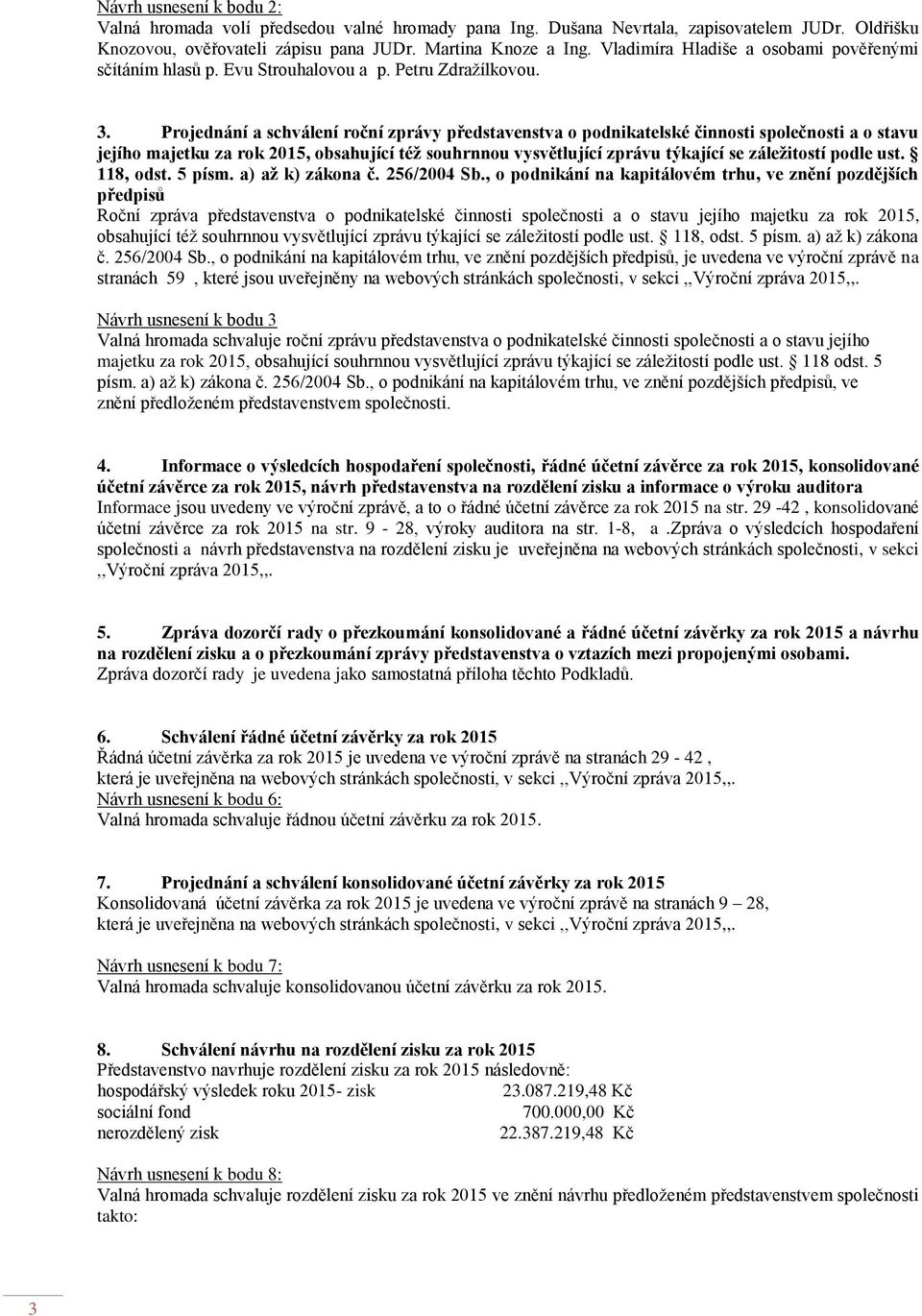 Projednání a schválení roční zprávy představenstva o podnikatelské činnosti společnosti a o stavu jejího majetku za rok 2015, obsahující též souhrnnou vysvětlující zprávu týkající se záležitostí