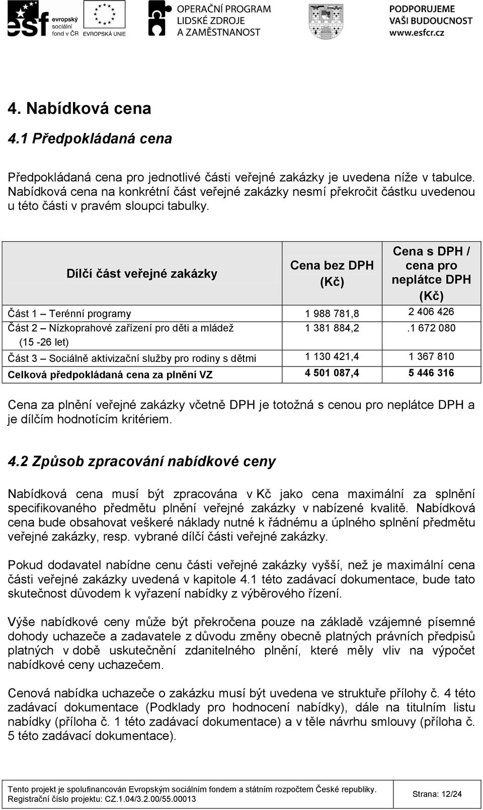 Dílčí část veřejné zakázky Cena bez DPH (Kč) Cena s DPH / cena pro neplátce DPH (Kč) Část 1 Terénní programy 1 988 781,8 2 406 426 Část 2 Nízkoprahové zařízení pro děti a mládež 1 381 884,2.