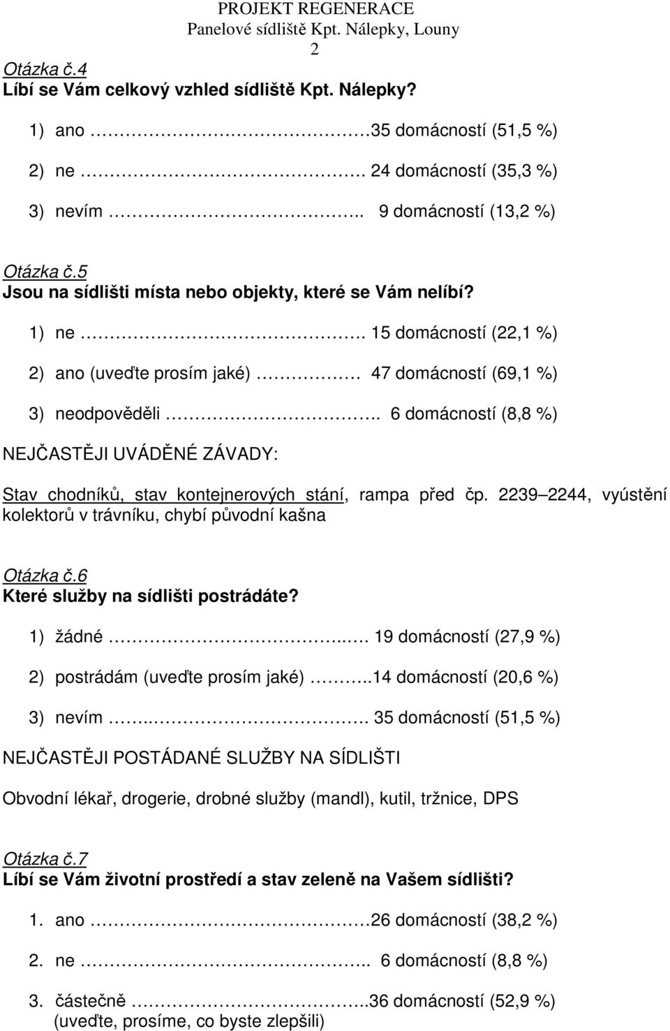 6 domácností (8,8 %) NEJČASTĚJI UVÁDĚNÉ ZÁVADY: Stav chodníků, stav kontejnerových stání, rampa před čp. 2239 2244, vyústění kolektorů v trávníku, chybí původní kašna Otázka č.