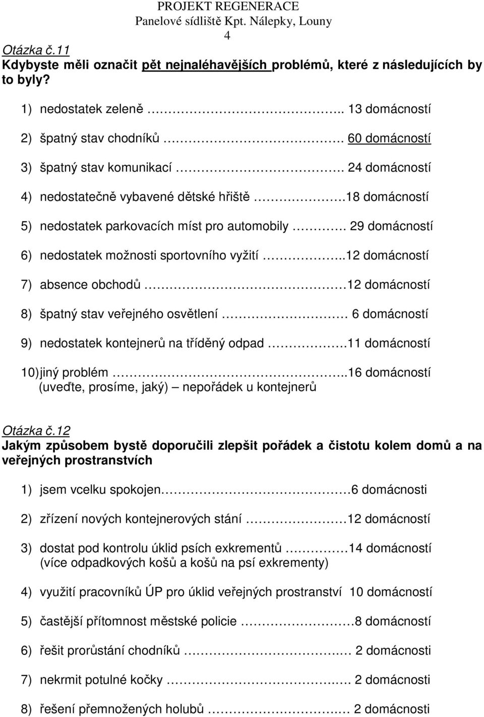 29 domácností 6) nedostatek možnosti sportovního vyžití..12 domácností 7) absence obchodů 12 domácností 8) špatný stav veřejného osvětlení 6 domácností 9) nedostatek kontejnerů na tříděný odpad.