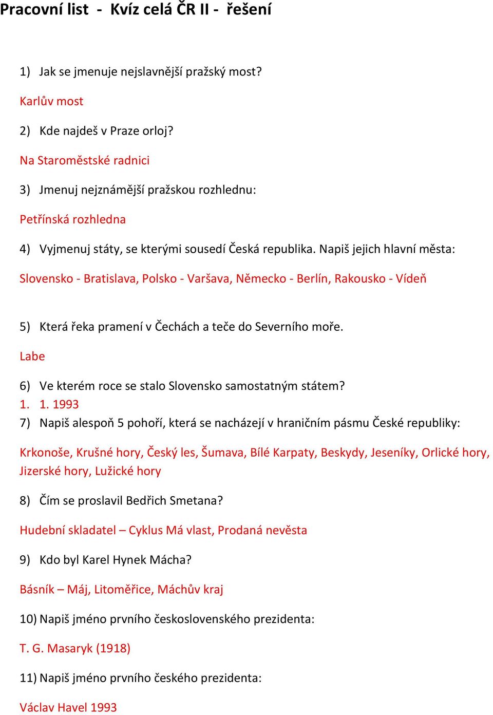 Napiš jejich hlavní města: Slovensko - Bratislava, Polsko - Varšava, Německo - Berlín, Rakousko - Vídeň 5) Která řeka pramení v Čechách a teče do Severního moře.