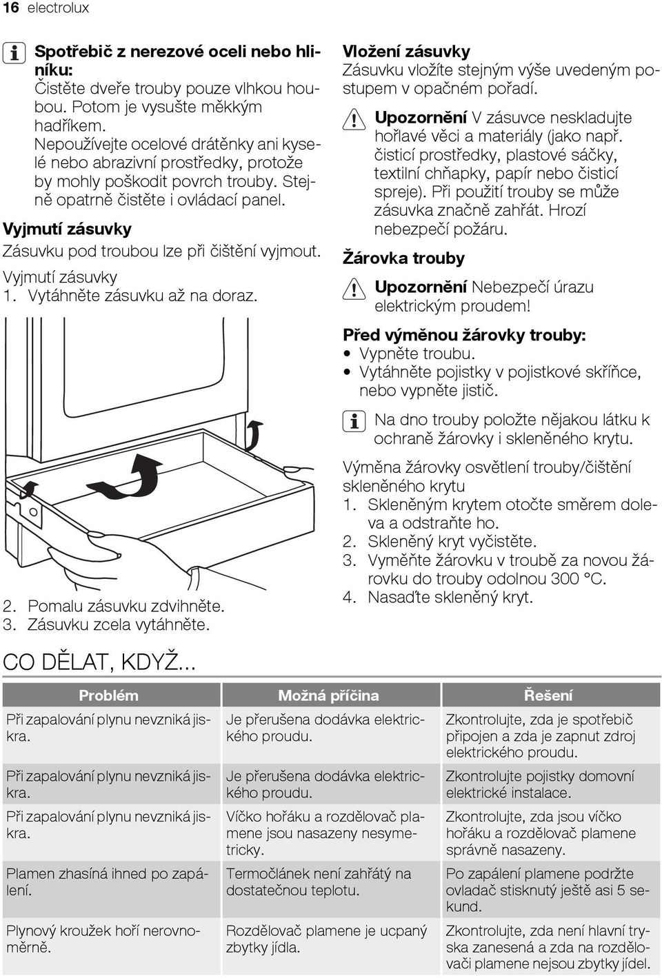 Vyjmutí zásuvky Zásuvku pod troubou lze při čištění vyjmout. Vyjmutí zásuvky 1. Vytáhněte zásuvku až na doraz. 2. Pomalu zásuvku zdvihněte. 3. Zásuvku zcela vytáhněte.