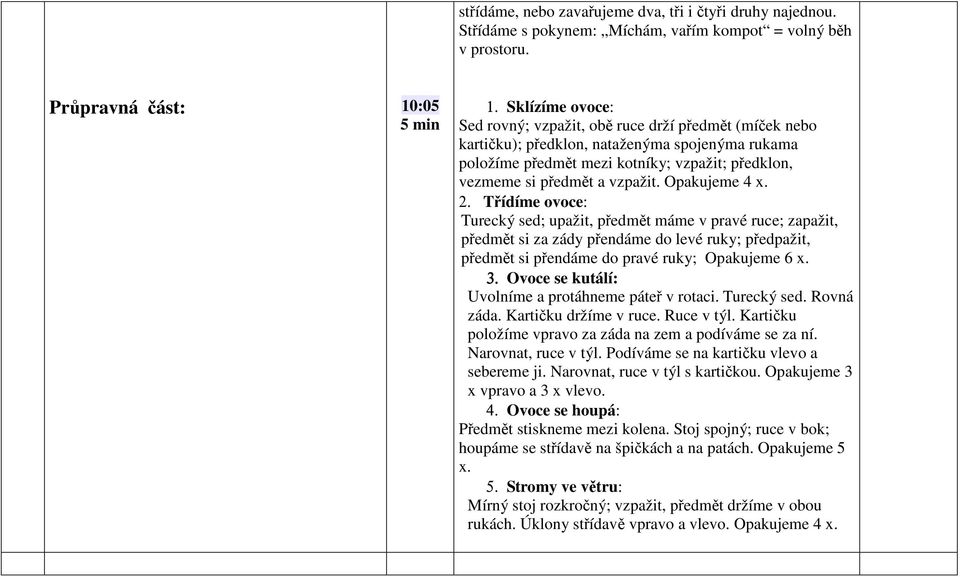 Opakujeme 4 x. 2. Třídíme ovoce: Turecký sed; upažit, předmět máme v pravé ruce; zapažit, předmět si za zády přendáme do levé ruky; předpažit, předmět si přendáme do pravé ruky; Opakujeme 6 x. 3.