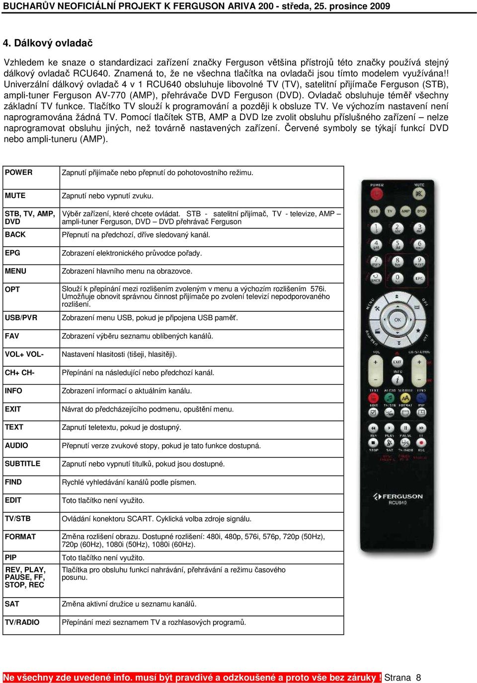 ! Univerzální dálkový ovladač 4 v 1 RCU640 obsluhuje libovolné TV (TV), satelitní přijímače Ferguson (STB), ampli-tuner Ferguson AV-770 (AMP), přehrávače DVD Ferguson (DVD).