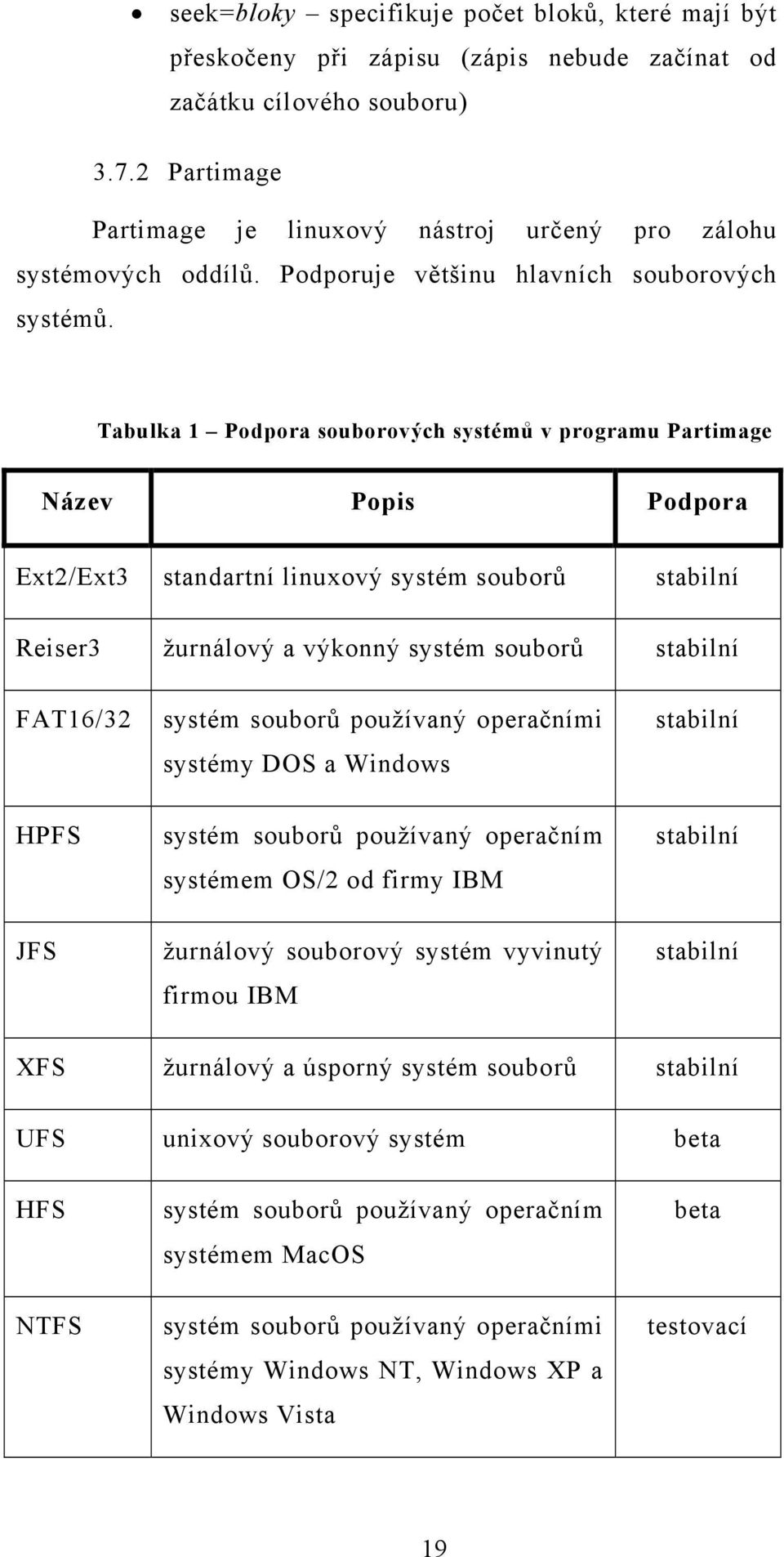 Tabulka 1 Podpora souborových systémů v programu Partimage Název Popis Podpora Ext2/Ext3 standartní linuxový systém souborů stabilní Reiser3 žurnálový a výkonný systém souborů stabilní FAT16/32