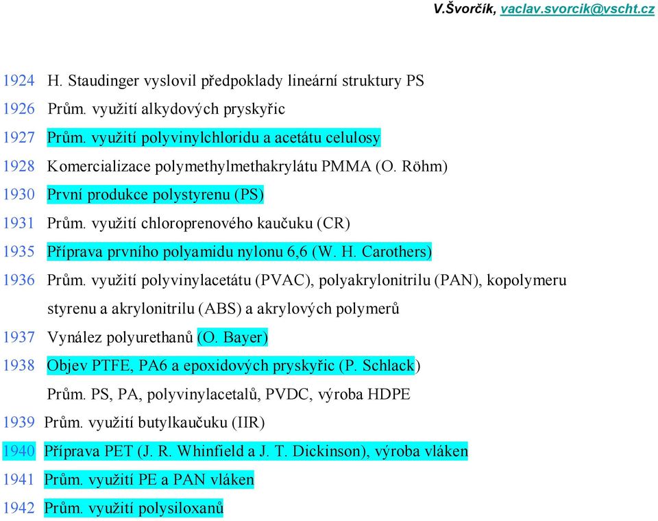 využití chloroprenového kaučuku (CR) 1935 Příprava prvního polyamidu nylonu 6,6 (W. H. Carothers) 1936 Prům.