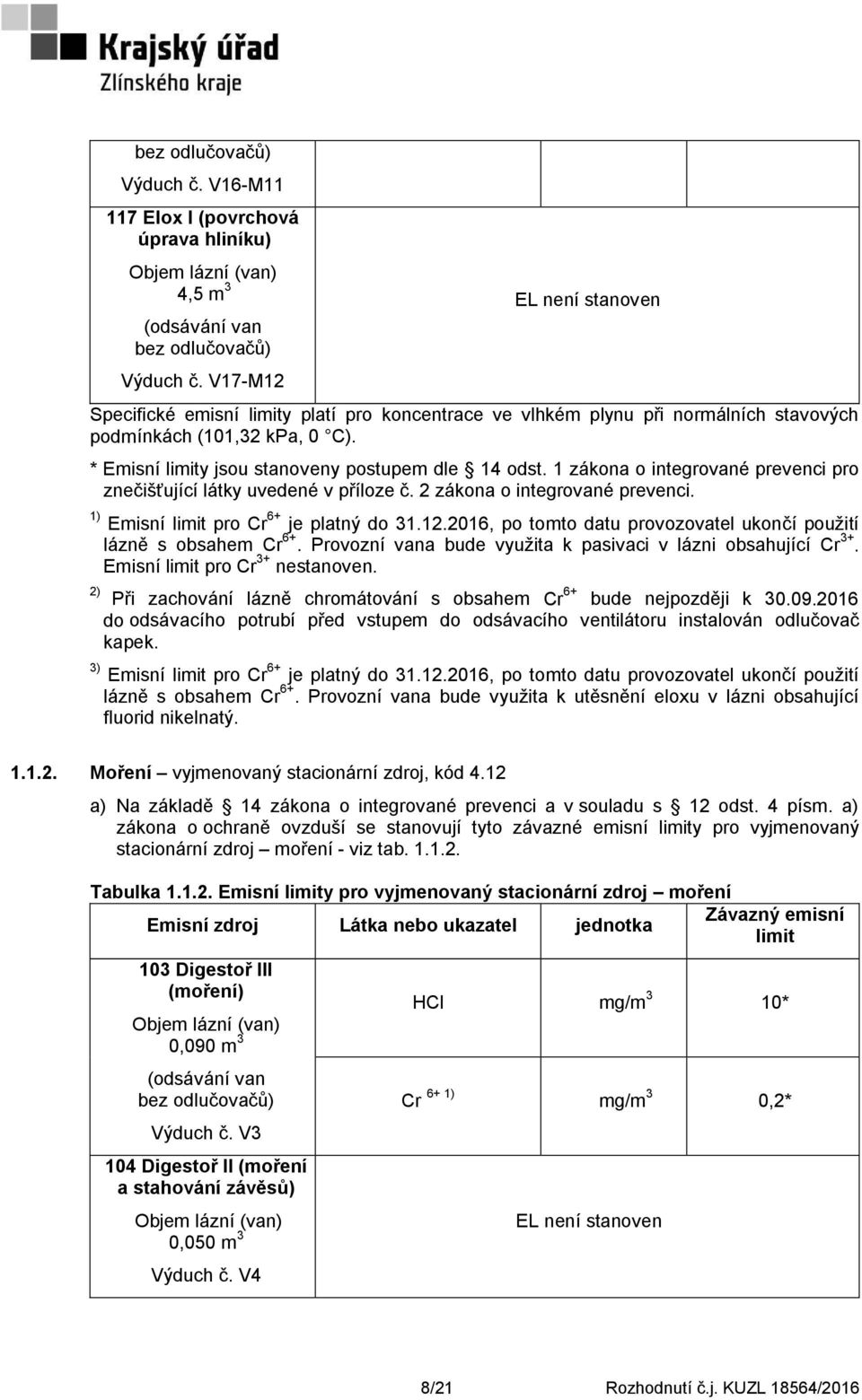 1 zákona o integrované prevenci pro znečišťující látky uvedené v příloze č. 2 zákona o integrované prevenci. 1) Emisní limit pro Cr 6+ je platný do 31.12.