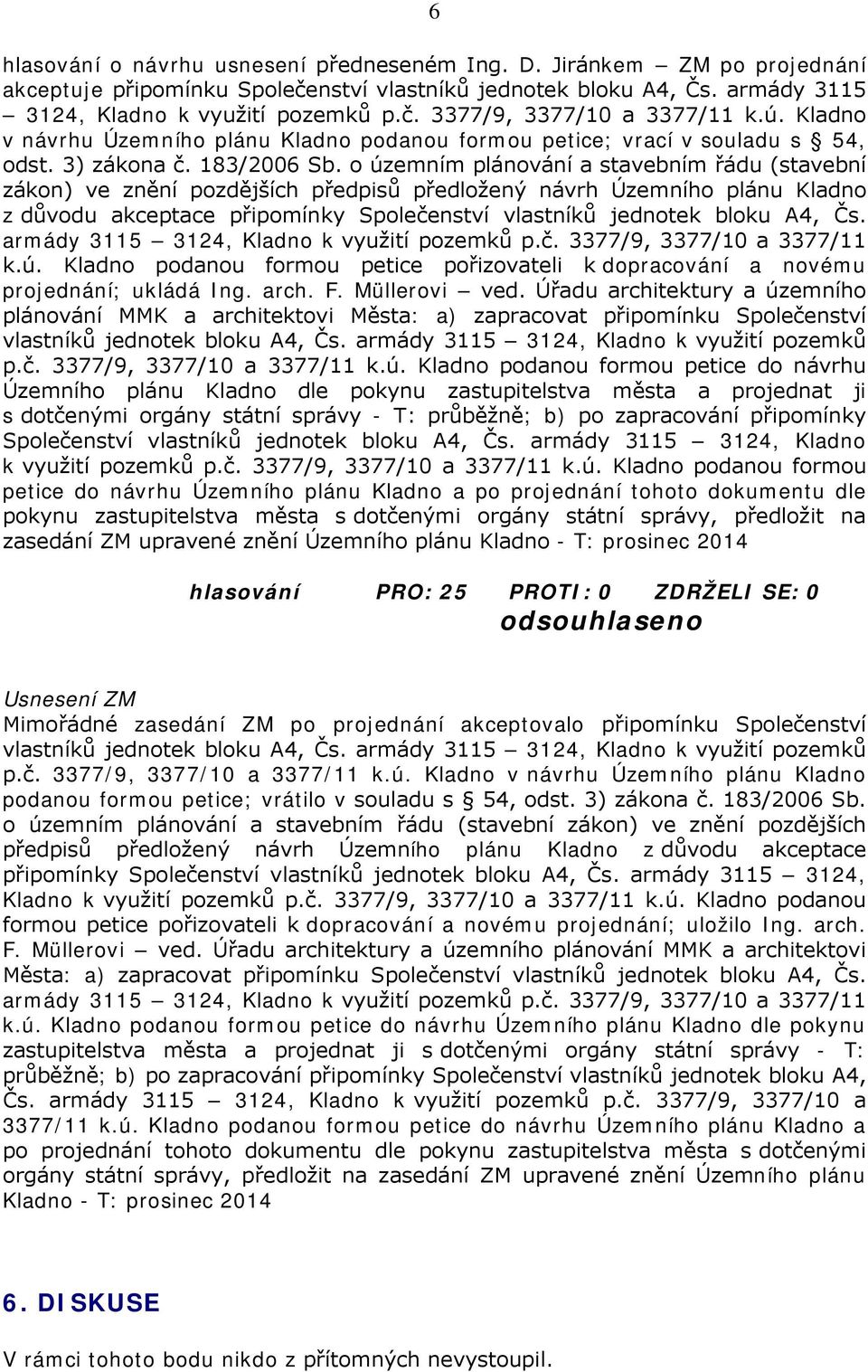 o územním plánování a stavebním řádu (stavební zákon) ve znění pozdějších předpisů předložený návrh Územního plánu Kladno z důvodu akceptace připomínky Společenství vlastníků jednotek bloku A4, Čs.