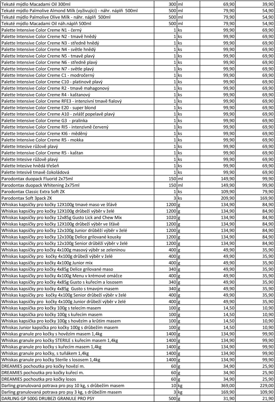 náplň 500ml 500 ml 79,90 54,90 Palette Intensive Color Creme N1 - černý 1 ks 99,90 69,90 Palette Intensive Color Creme N2 - tmavě hnědý 1 ks 99,90 69,90 Palette Intensive Color Creme N3 - středně