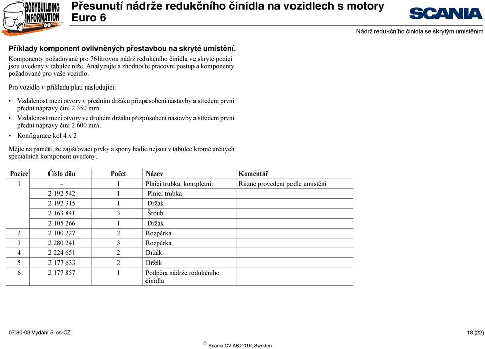 Pro vozidlo v příkladu platí následující: Vzdálenost mezi otvory v předním držáku přizpůsobení nástavby a středem první přední nápravy činí 2 350 mm.