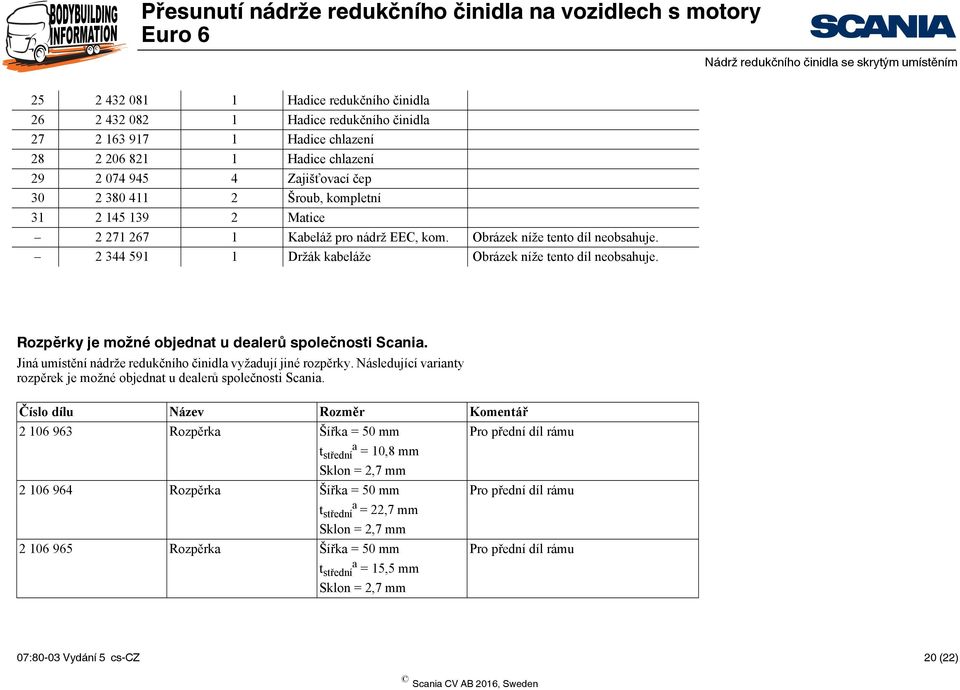 2 344 591 1 Držák kabeláže Obrázek níže tento díl neobsahuje. Rozpěrky je možné objednat u dealerů společnosti Scania. Jiná umístění nádrže redukčního činidla vyžadují jiné rozpěrky.