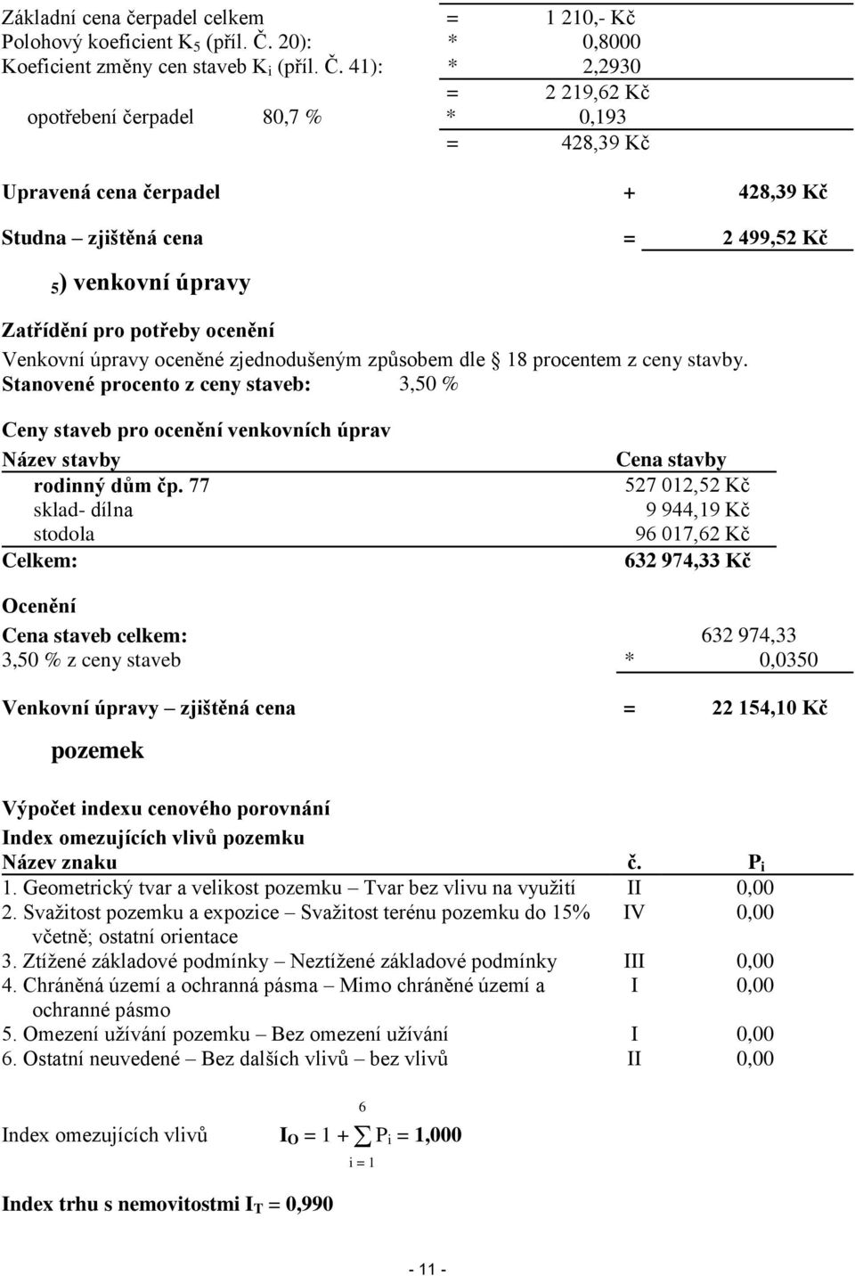 41): * 2,2930 = 2 219,62 Kč opotřebení čerpadel 80,7 % * 0,193 = 428,39 Kč Upravená cena čerpadel + 428,39 Kč Studna zjištěná cena = 2 499,52 Kč 5) venkovní úpravy Zatřídění pro potřeby ocenění