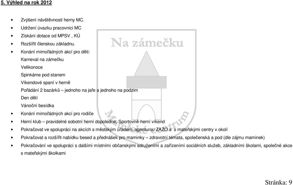 mimořádných akcí pro rodiče Herní klub pravidelné sobotní herní dopoledne, Sportovně-herní víkend Pokračovat ve spolupráci na akcích s městským úřadem, agenturou ZAZO a s mateřskými centry v okolí