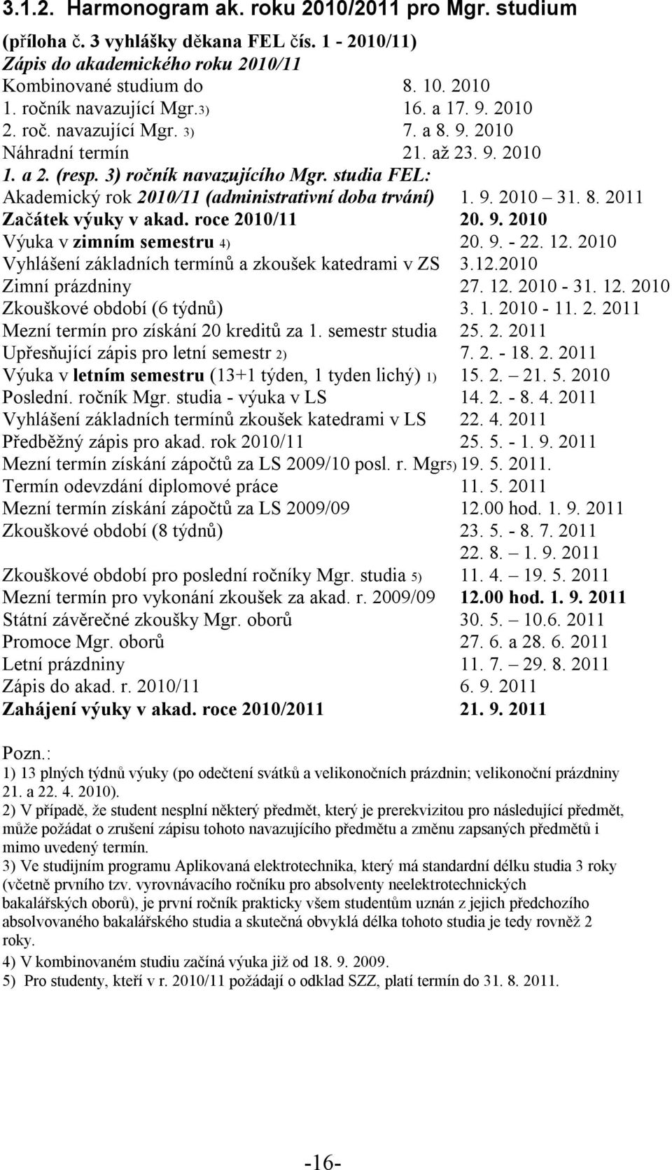 studia FEL: Akademický rok 2010/11 (administrativní doba trvání) 1. 9. 2010 31. 8. 2011 Začátek výuky v akad. roce 2010/11 20. 9. 2010 Výuka v zimním semestru 4) 20. 9. - 22. 12.