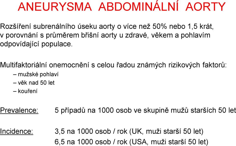 Multifaktoriální onemocnění s celou řadou známých rizikových faktorů: mužské pohlaví věk nad 50 let kouření