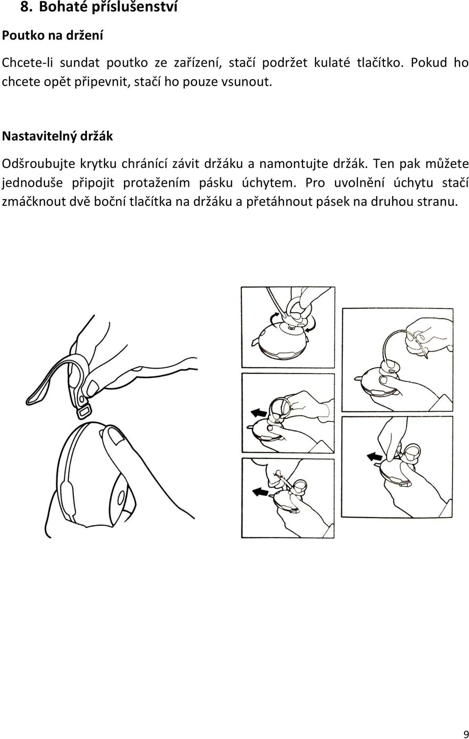 Nastavitelný držák Odšroubujte krytku chránící závit držáku a namontujte držák.