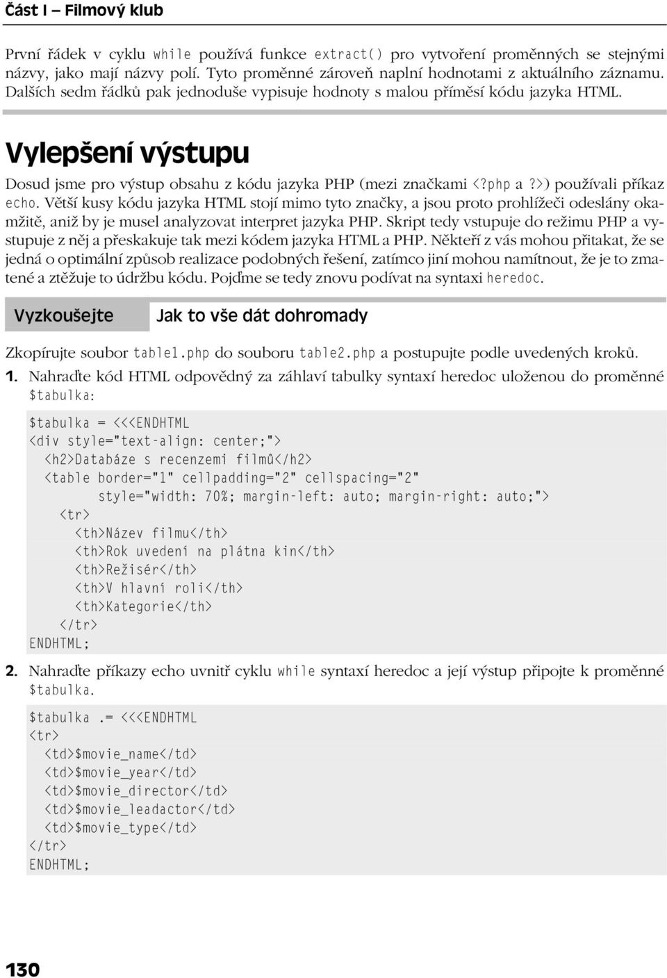 Větší kusy kódu jazyka HTML stojí mimo tyto značky, a jsou proto prohlížeči odeslány okamžitě, aniž by je musel analyzovat interpret jazyka PHP.
