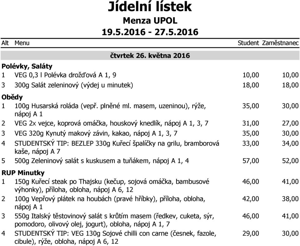 Zeleninový salát s kuskusem a tuňákem,, 1 10g Kuřecí steak po Thajsku (kečup, sojová omáčka, bambusové výhonky), příloha, obloha, nápoj A 6, 1 100g Vepřový plátek na houbách (pravé hříbky), příloha,