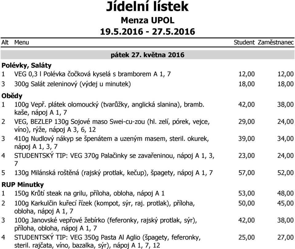 okurek,,, STUDENTSKÝ TIP: VEG 0g Palačinky se zavařeninou,,, 10g Milánská roštěná (rajský protlak, kečup), špagety,, 1 10g Krůtí steak na grilu, příloha, obloha, 100g Karkulčin kuřecí řízek (kompot,