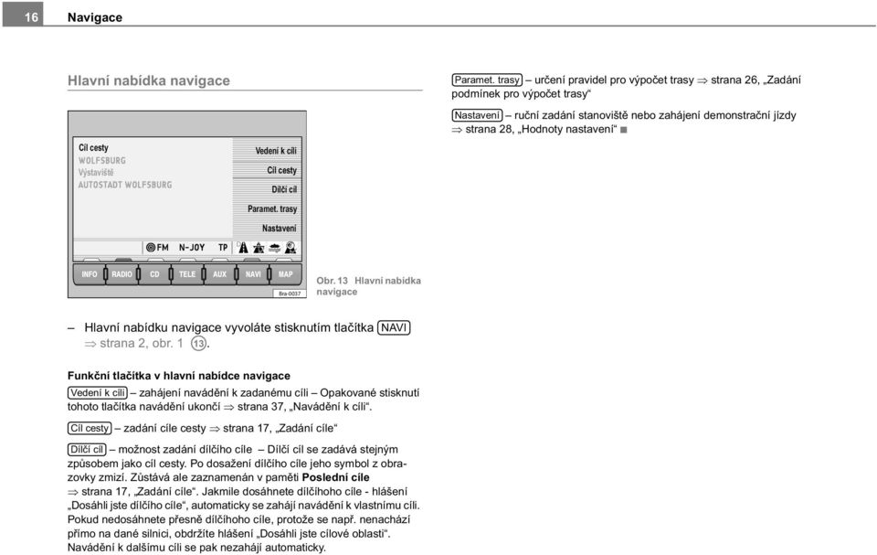 13 Hlavní nabídka navigace Hlavní nabídku navigace vyvoláte stisknutím tla ítka strana 2, obr. 1 A13.