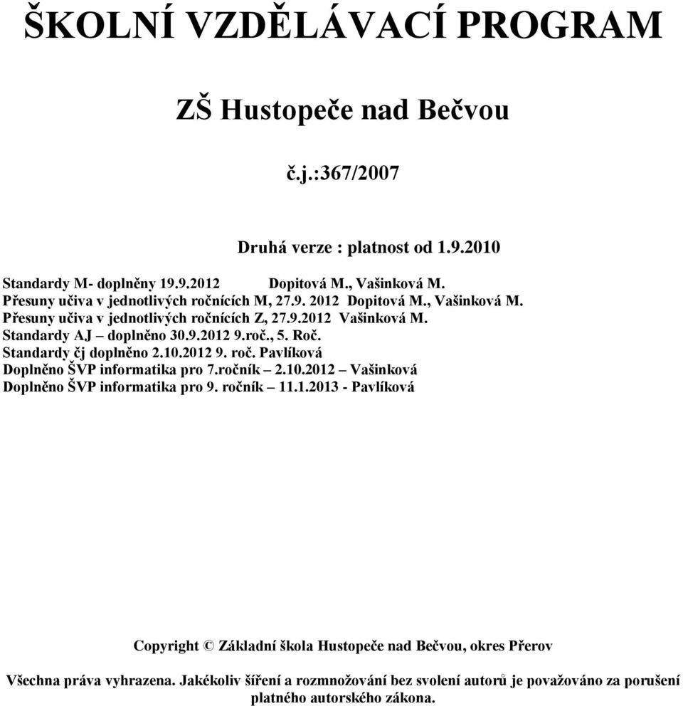 roč., 5. Roč. Standardy čj doplněno 2.10.2012 9. roč. Pavlíková Doplněno ŠVP informatika pro 7.ročník 2.10.2012 Vašinková Doplněno ŠVP informatika pro 9. ročník 11.1.2013 - Pavlíková Copyright Základní škola Hustopeče nad Bečvou, okres Přerov Všechna práva vyhrazena.