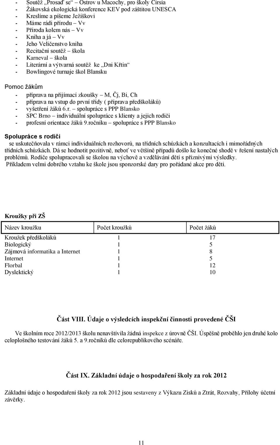 Bi, Ch - příprava na vstup do první třídy ( příprava předškoláků) - vyšetření žáků 6.r. spolupráce s PPP Blansko - SPC Brno individuální spolupráce s klienty a jejich rodiči - profesní orientace žáků 9.