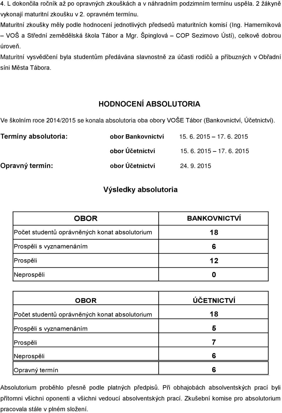 Maturitní vysvědčení byla studentům předávána slavnostně za účasti rodičů a příbuzných v Obřadní síni Města Tábora.