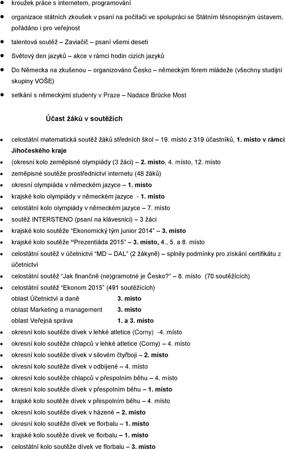 Brücke Most Účast žáků v soutěžích celostátní matematická soutěž žáků středních škol 19. místo z 319 účastníků, 1. místo v rámci Jihočeského kraje (okresní kolo zeměpisné olympiády (3 žáci) 2.