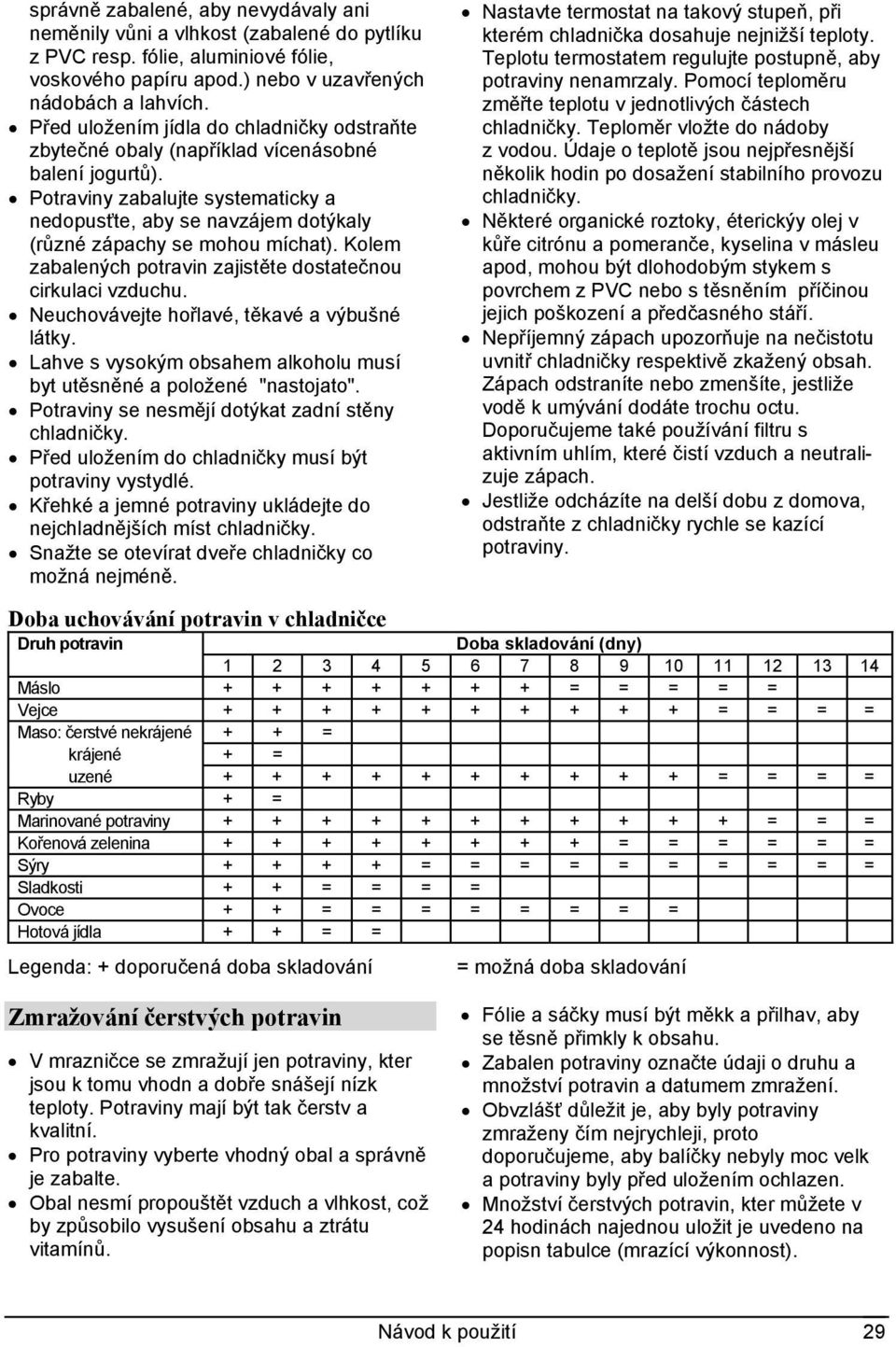 Potraviny zabalujte systematicky a nedopusťte, aby se navzájem dotýkaly (různé zápachy se mohou míchat). Kolem zabalených potravin zajistěte dostatečnou cirkulaci vzduchu.
