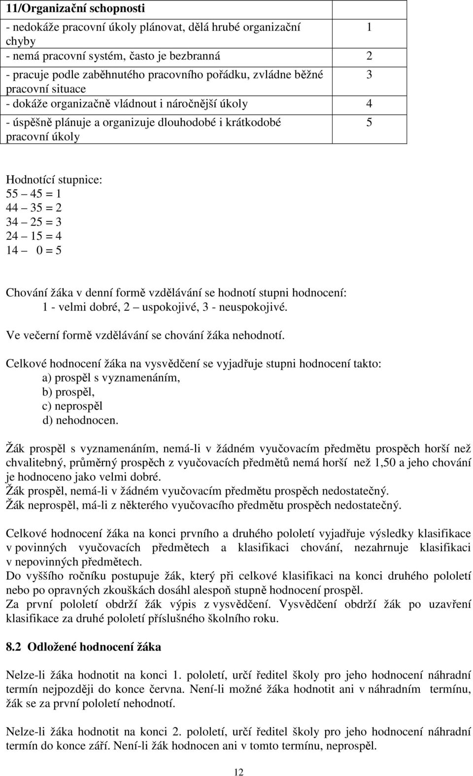 4 14 0 = 5 Chování žáka v denní formě vzdělávání se hodnotí stupni hodnocení: 1 - velmi dobré, 2 uspokojivé, 3 - neuspokojivé. Ve večerní formě vzdělávání se chování žáka nehodnotí.