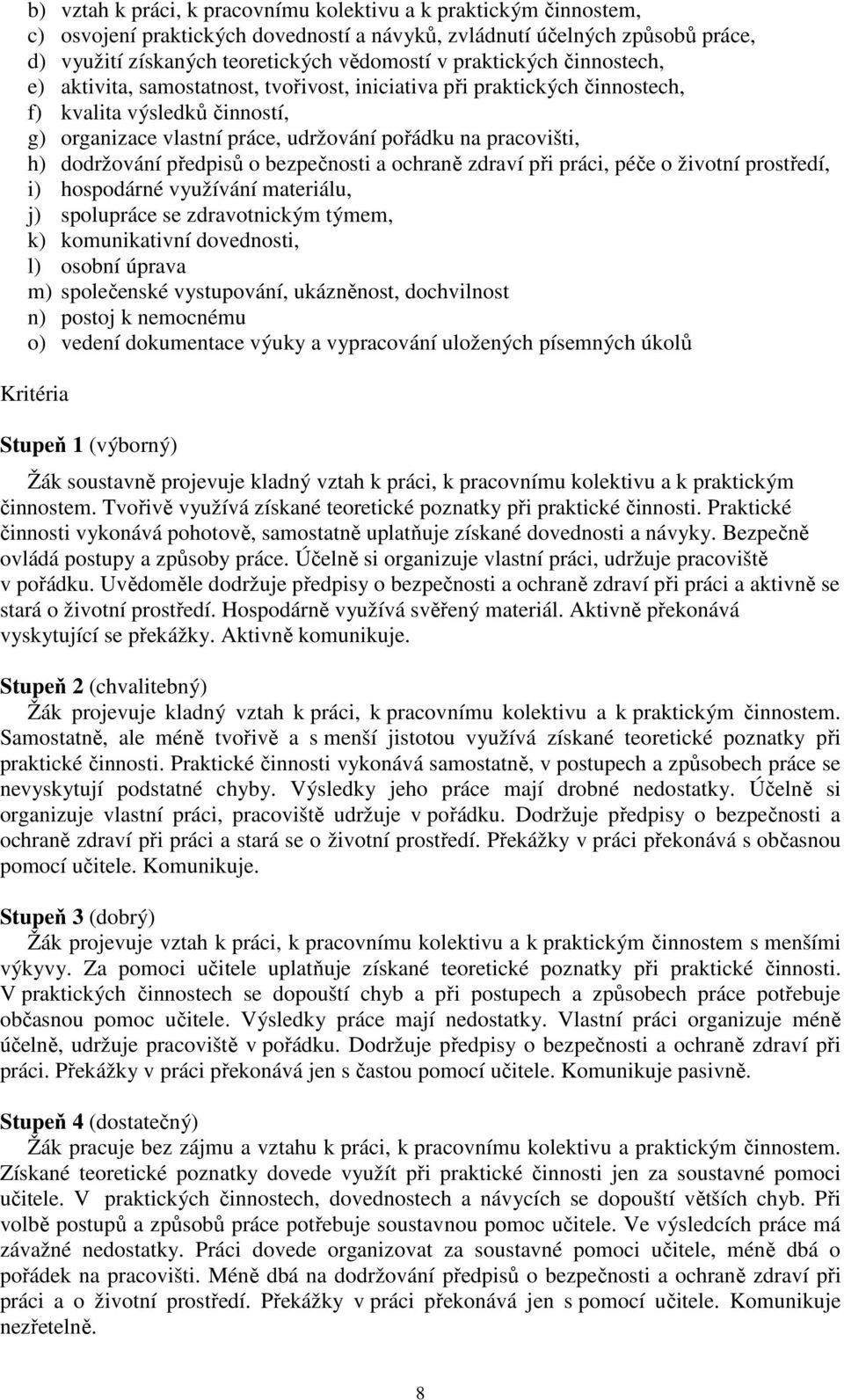 dodržování předpisů o bezpečnosti a ochraně zdraví při práci, péče o životní prostředí, i) hospodárné využívání materiálu, j) spolupráce se zdravotnickým týmem, k) komunikativní dovednosti, l) osobní