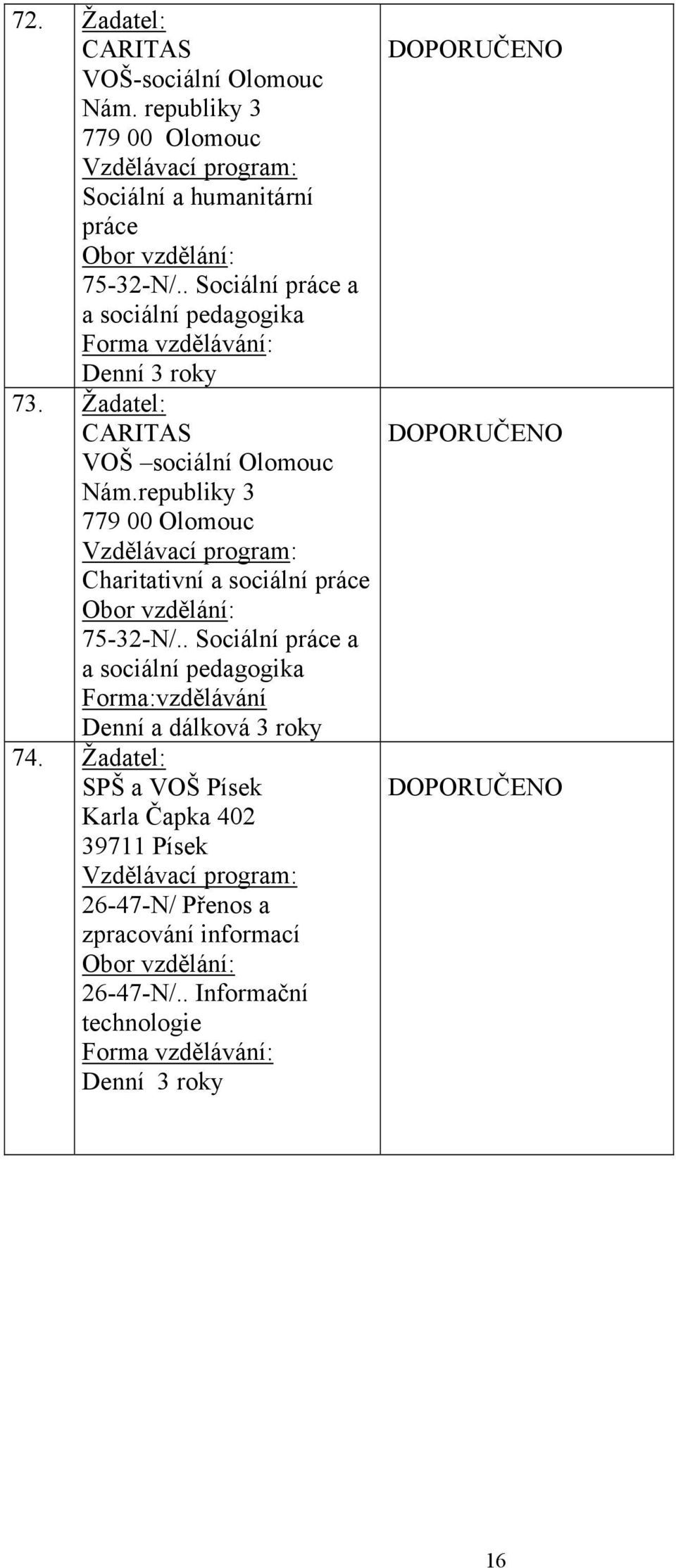 republiky 3 779 00 Olomouc Charitativní a sociální práce Obor vzdělání: 75-32-N/.
