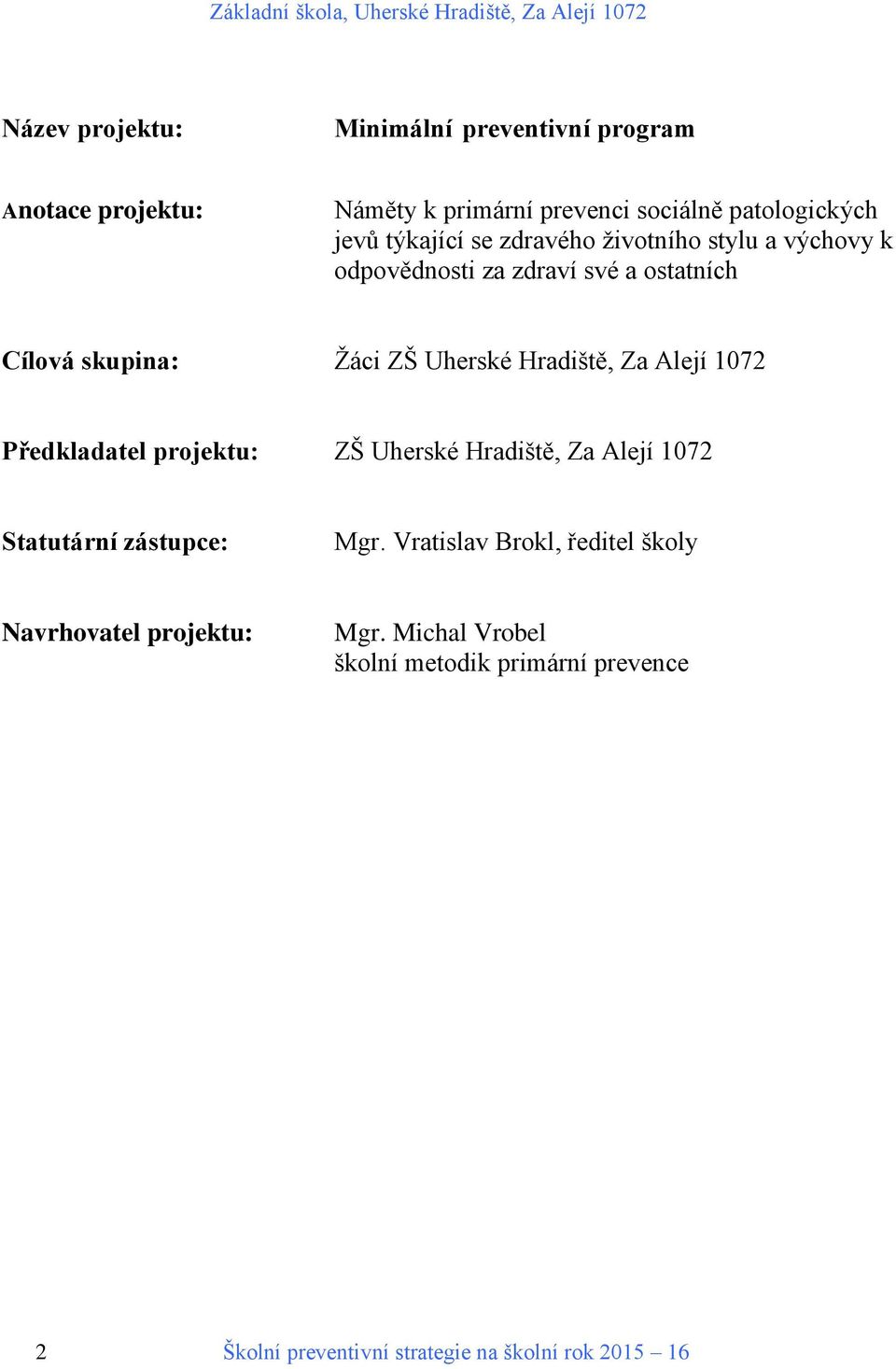 Hradiště, Za Alejí 1072 Předkladatel projektu: ZŠ Uherské Hradiště, Za Alejí 1072 Statutární zástupce: Mgr.