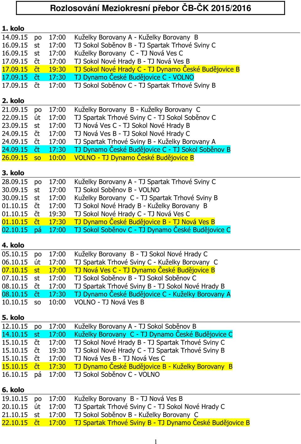 kolo 21.09.15 po 17:00 Kuželky Borovany B - Kuželky Borovany C 22.09.15 út 17:00 TJ Spartak Trhové Sviny C - TJ Sokol Soběnov C 23.09.15 st 17:00 TJ Nová Ves C - TJ Sokol Nové Hrady B 24.09.15 čt 17:00 TJ Nová Ves B - TJ Sokol Nové Hrady C 24.