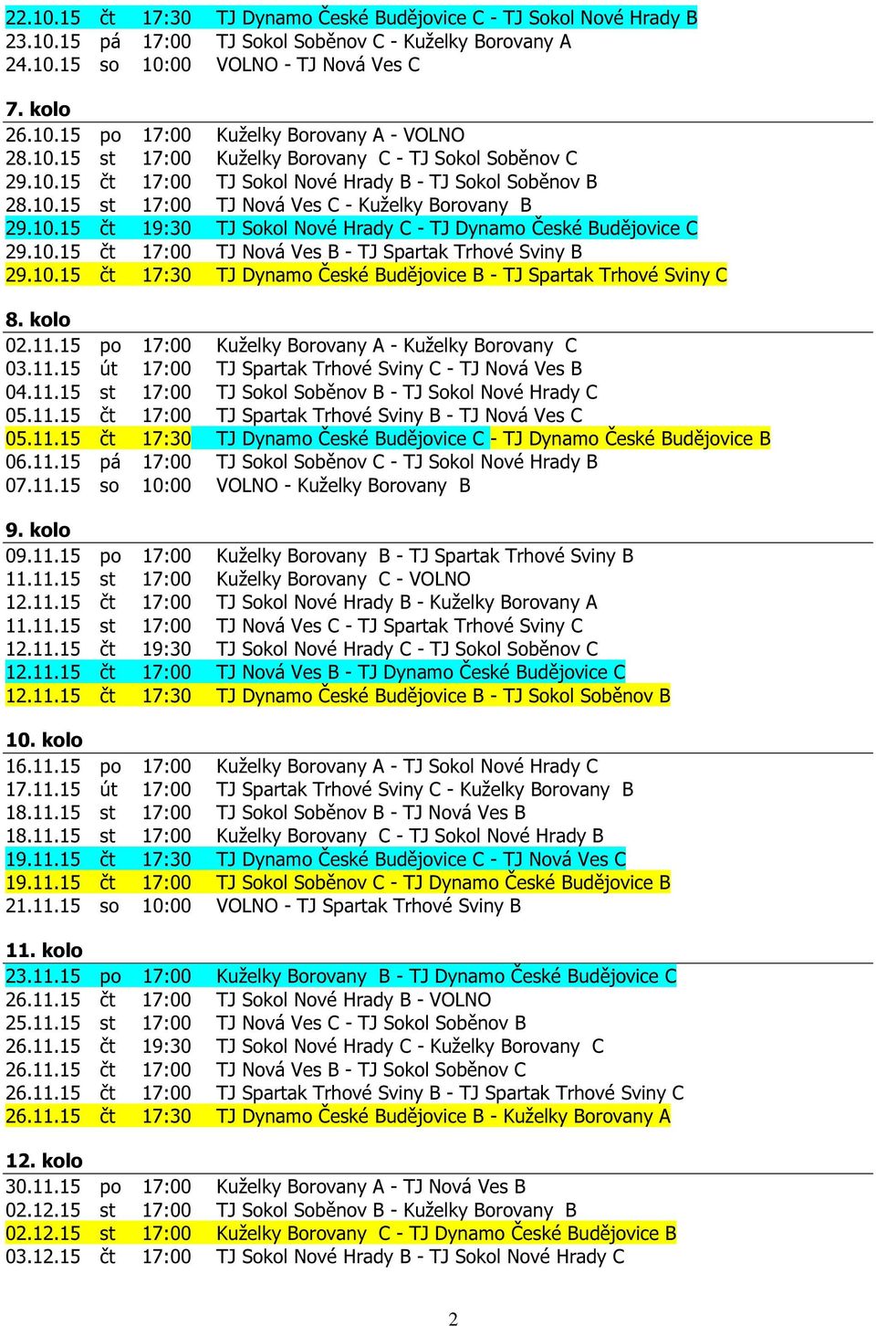 10.15 čt 17:00 TJ Nová Ves B - TJ Spartak Trhové Sviny B 29.10.15 čt 17:30 TJ Dynamo České Budějovice B - TJ Spartak Trhové Sviny C 8. kolo 02.11.