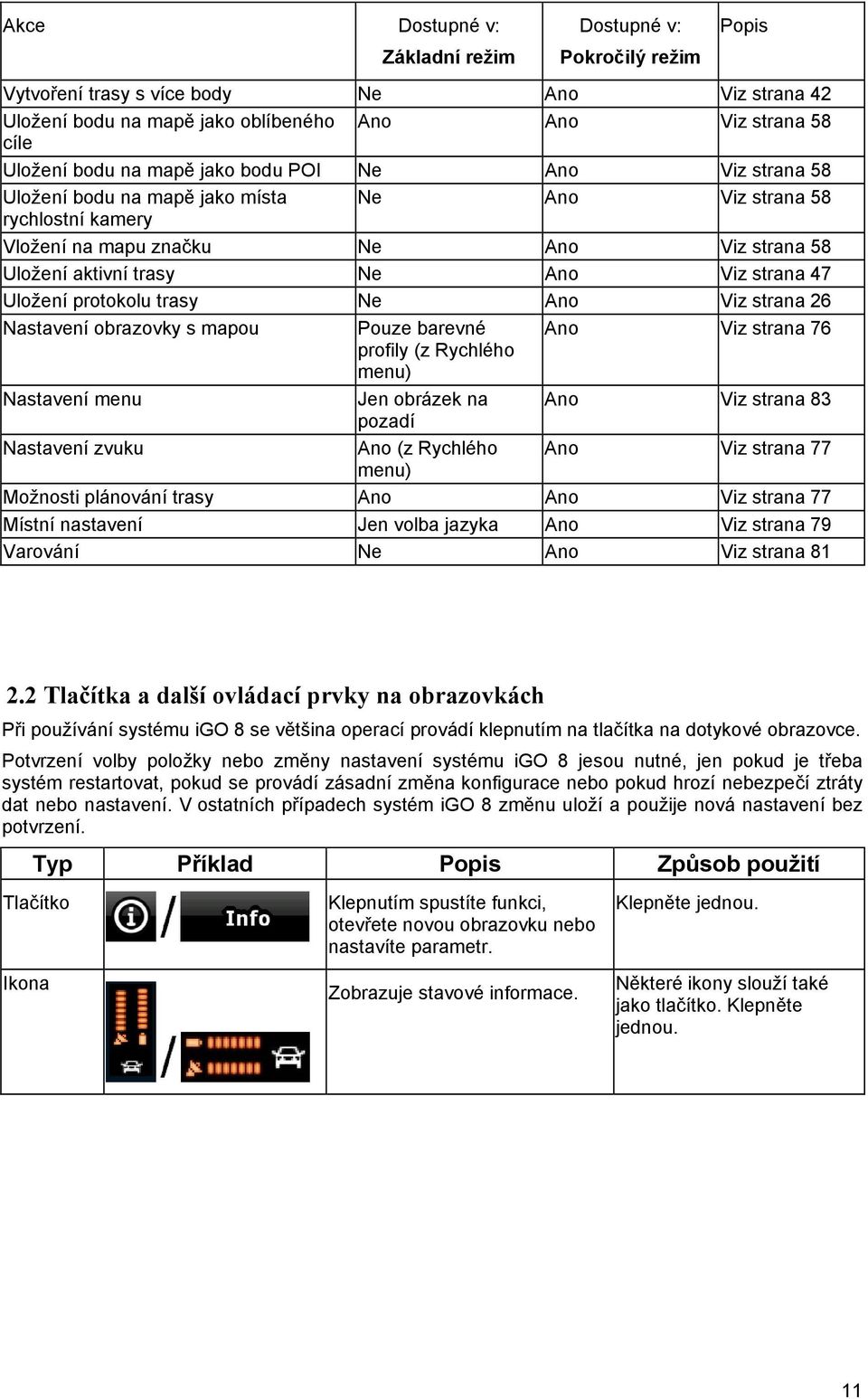 protokolu trasy Ne Ano Viz strana 26 Nastavení obrazovky s mapou Pouze barevné Ano Viz strana 76 profily (z Rychlého menu) Nastavení menu Jen obrázek na Ano Viz strana 83 pozadí Nastavení zvuku Ano