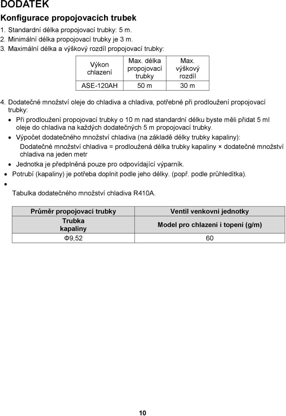 Dodatečné množství oleje do chladiva a chladiva, potřebné při prodloužení propojovací trubky: Při prodloužení propojovací trubky o 10 m nad standardní délku byste měli přidat 5 ml oleje do chladiva