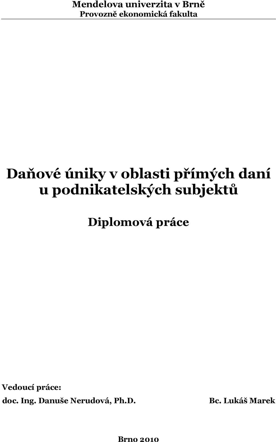 podnikatelských subjektů Diplomová práce Vedoucí