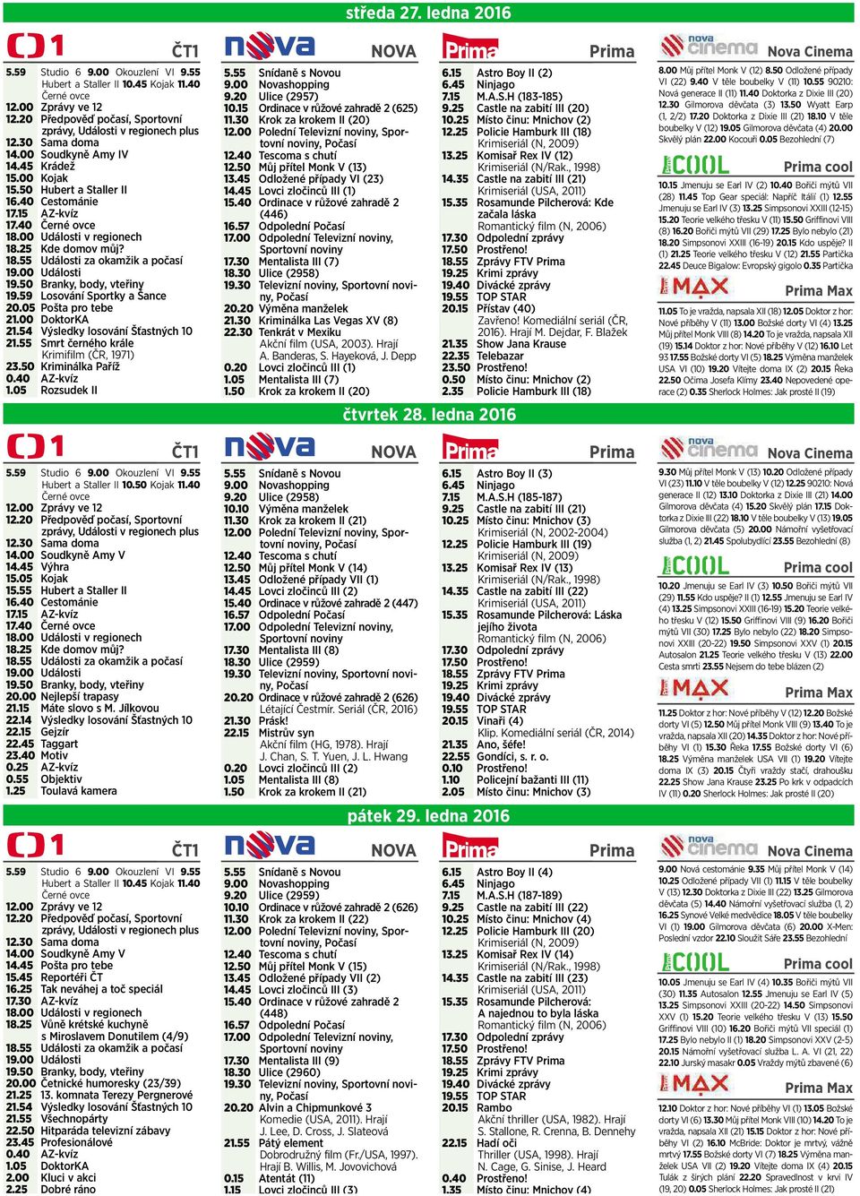 00 Události 19.50 Branky, body, vteřiny 19.59 Losování Sportky ašance 20.05 Pošta pro tebe 21.00 DoktorKA 21.54 Výsledky losování Šťastných 10 21.55 Smrt černého krále Krimifilm (ČR, 1971) 23.