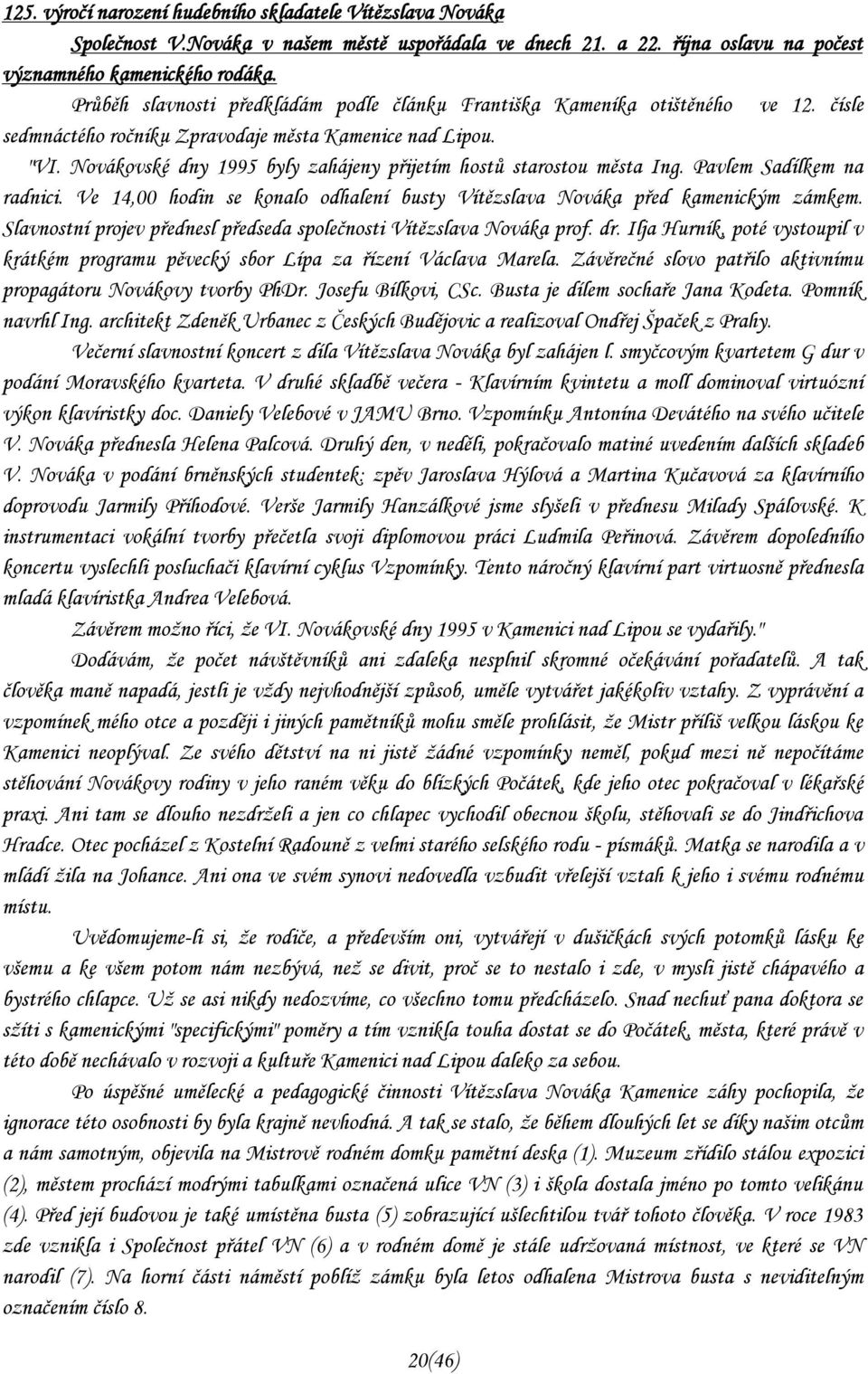 Novákovské dny 1995 byly zahájeny přijetím hostů starostou města Ing. Pavlem Sadílkem na radnici. Ve 14,00 hodin se konalo odhalení busty Vítězslava Nováka před kamenickým zámkem.