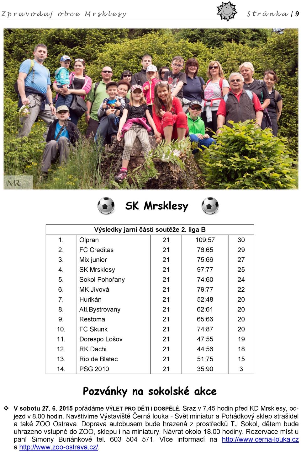 Rio de Blatec 51:75 15 14. PSG 2010 35:90 3 Pozvánky na sokolské akce V sobotu 27. 6. 2015 pořádáme VÝLET PRO DĚTI I DOSPĚLÉ. Sraz v 7.45 hodin před KD Mrsklesy, odjezd v 8.00 hodin.