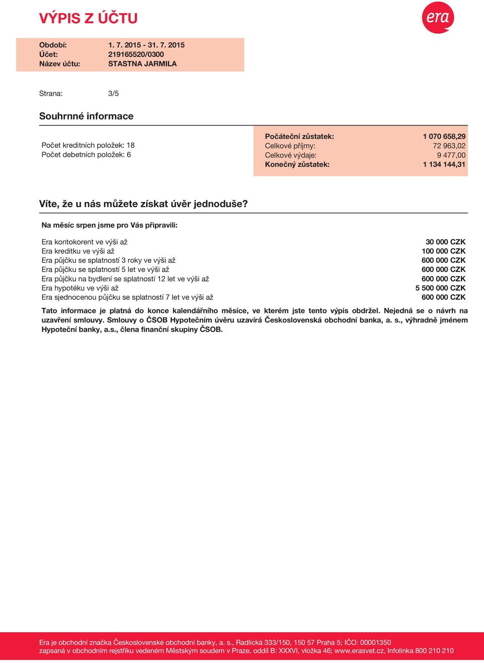 Na měsíc srpen jsme pro Vás připravili: Era kontokorent ve výši až Era kreditku ve výši až Era půjčku se splatností 3 roky ve výši až Era půjčku se splatností 5 let ve výši až Era půjčku na bydlení